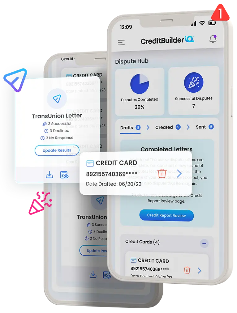 An infographic in the shape of phones showcasing creditbuilderiq's features.