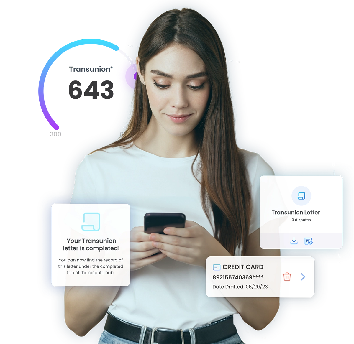woman looking at her phone with CreditBuilderIQ widgets floating around her and a credit score.