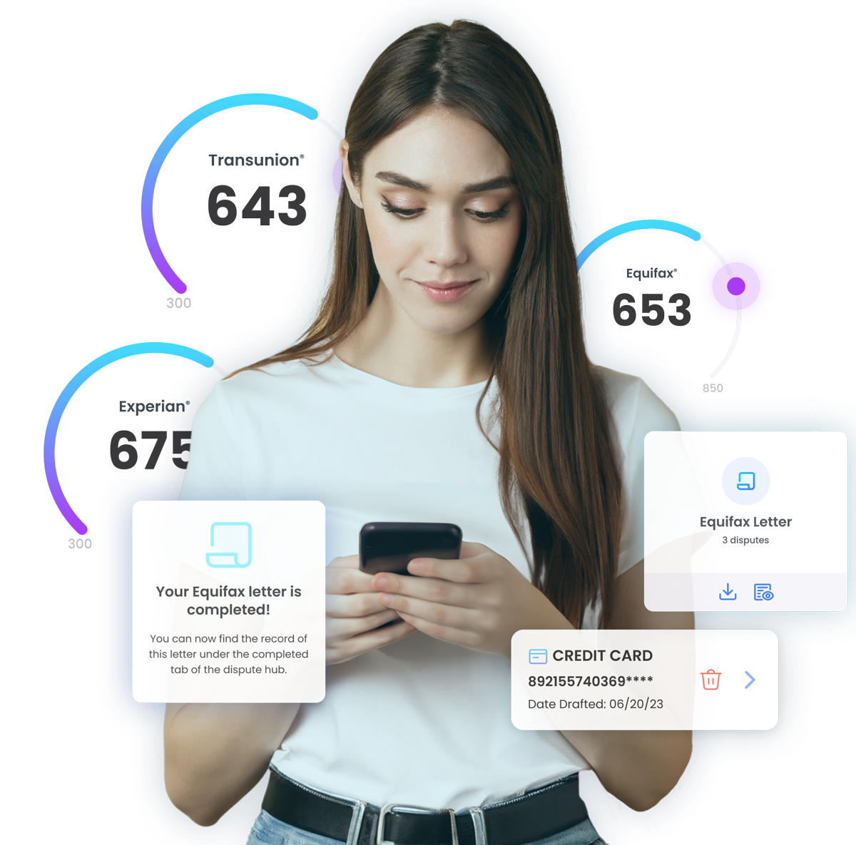 woman looking at her phone with CreditBuilderIQ widgets floating around her and credit scores from the 3 major credit bureaus.